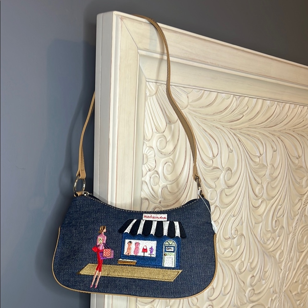 New Blue Denim Handbag with Tan Strap
